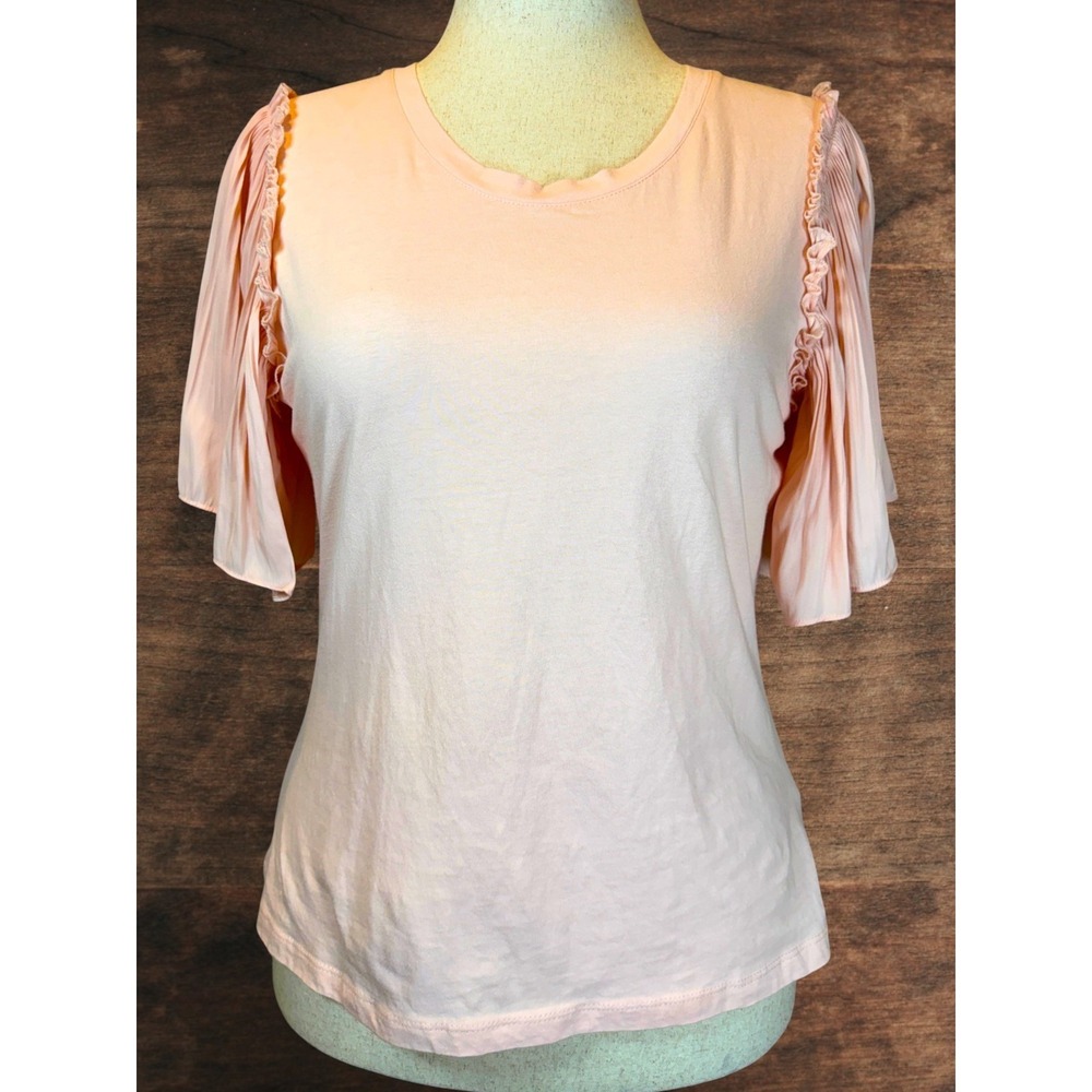 Blue Sol Pleated Statement Sleeve Top Women's L Blush Mixed Media Cotton Knit